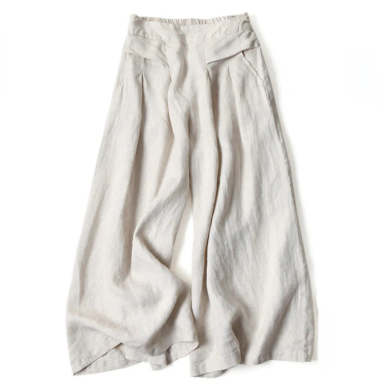Buddha Stones Plain Color Cotton Linen High Waist Wide Leg Pants With Pockets