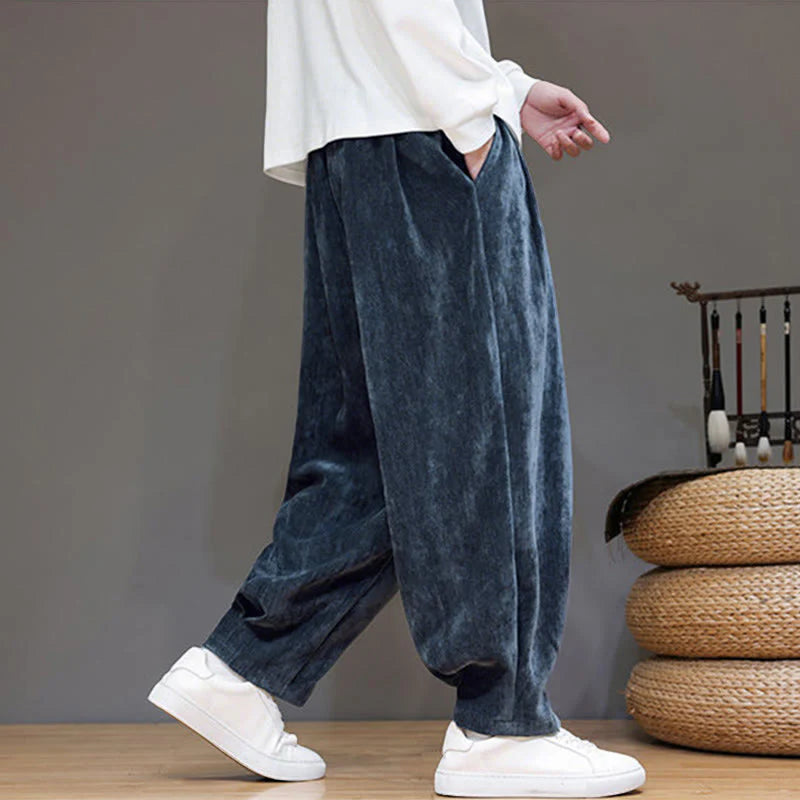 Buddha Stones Winter Pure Color Cotton Men's Harem Thickened Fleece-lined Pants With Pockets
