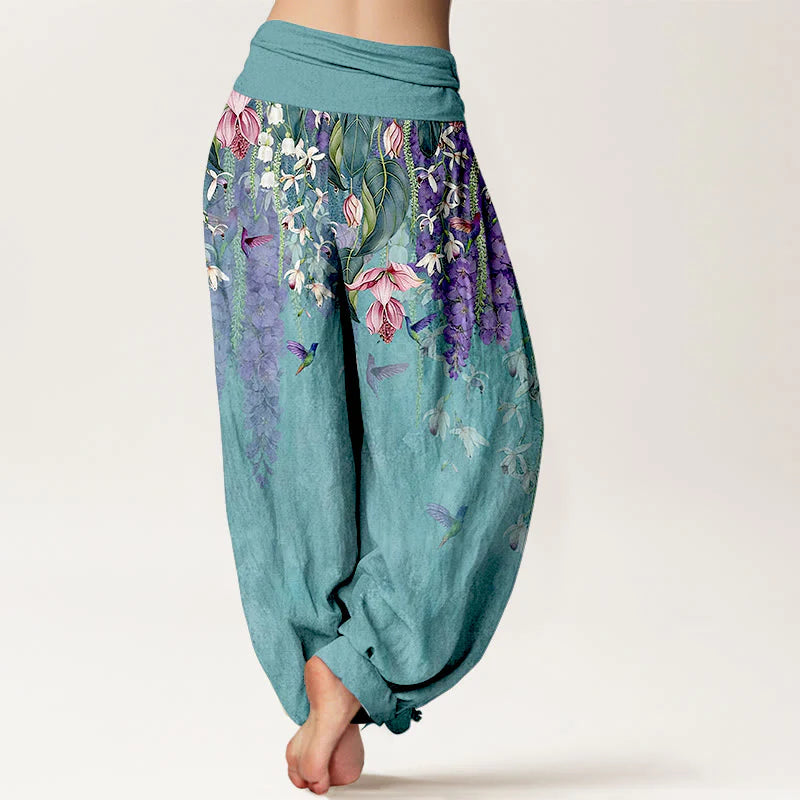 Buddha Stones Pure Cotton Orchid Birds Pattern Women's Elastic Waist Harem Pants