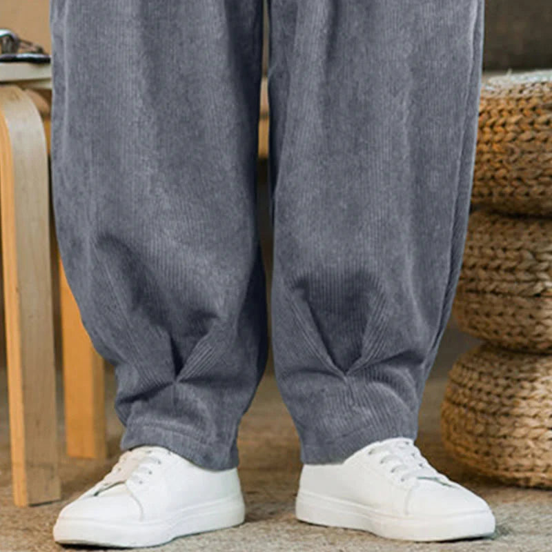 Buddha Stones Retro Men's Plain Fleece-Lined Corduroy Simple Design Harem Pants With Pockets