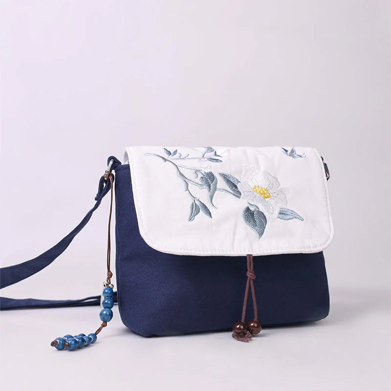 Buddha Stones Embroidered Camellia Epiphyllum Gardenia Sakura Flowers Crossbody Bag Shoulder Bag Cellphone Bag