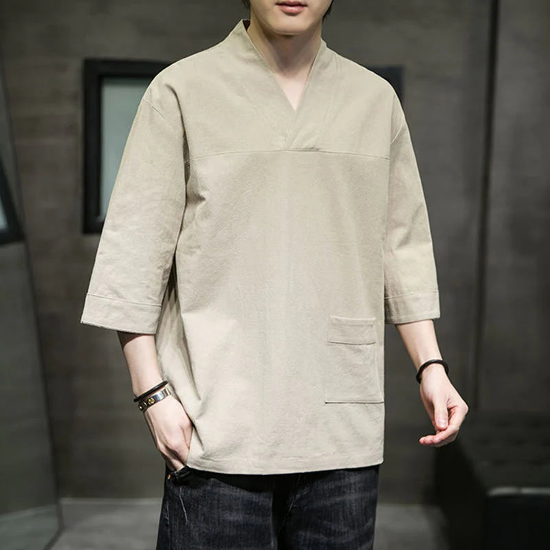 Buddha Stones Summer Casual Simple V-Neck Design Men's Cotton Linen Three Quarter Sleeve T-Shirt With Front Pocket