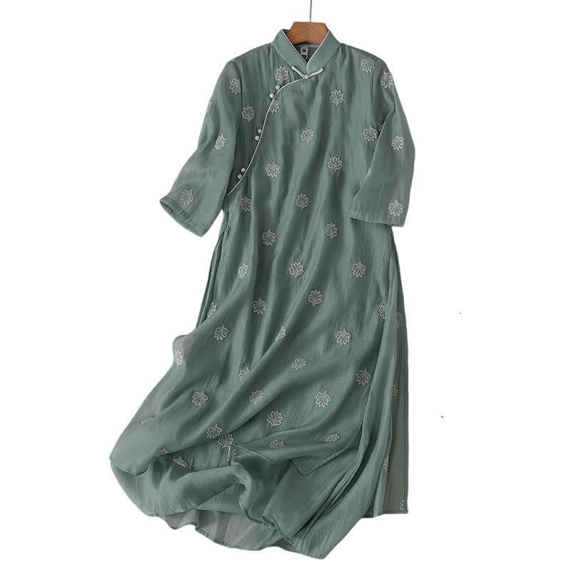 Buddha Stones Embroidery Flower Frog-Button Stand Collar Side Slit Short Sleeve Maxi Dress