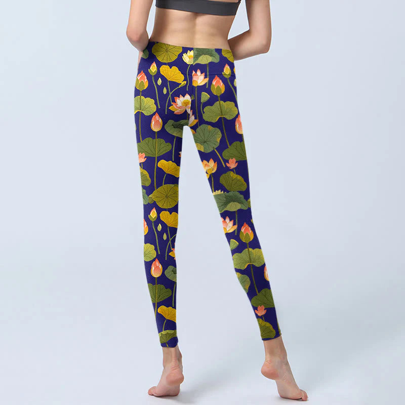 Buddha Stones Blooming Pink White Lotus Flower Lotus Leaves Pattern Print Gym Leggings Women's Yoga Pants