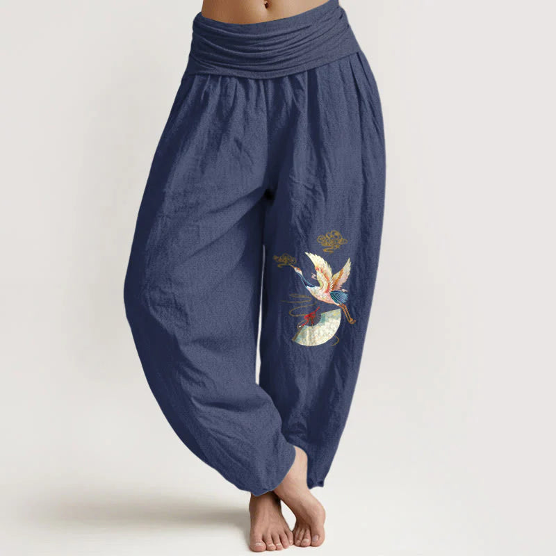 Buddha Stones Crane Folding Fan Auspicious Clouds Pattern Women's Elastic Waist Harem Cotton Pants