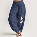 Buddha Stones Crane Folding Fan Auspicious Clouds Pattern Women's Elastic Waist Harem Cotton Pants