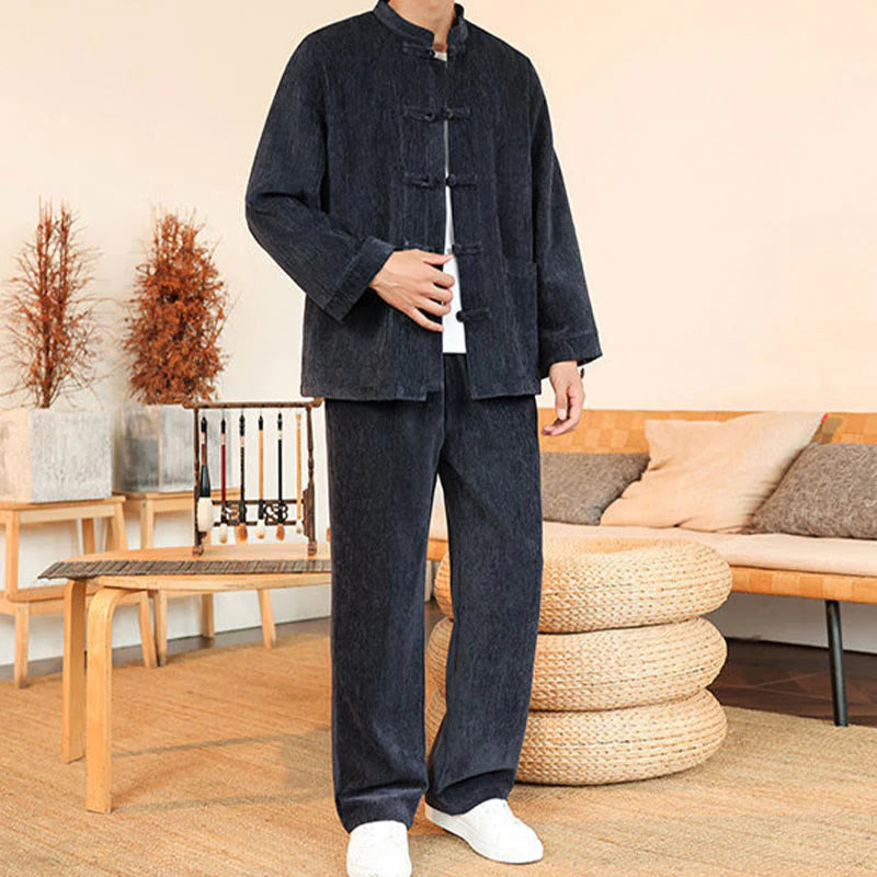 Buddha Stones 2Pcs Winter Thick Men's Tang Suit Frog-Button Cotton Corduroy Long Sleeve Jacket Pants Set With Pockets