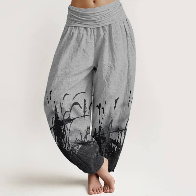 Buddha Stones Cotton Wild Grass Pattern Women's Elastic Waist Harem Pants