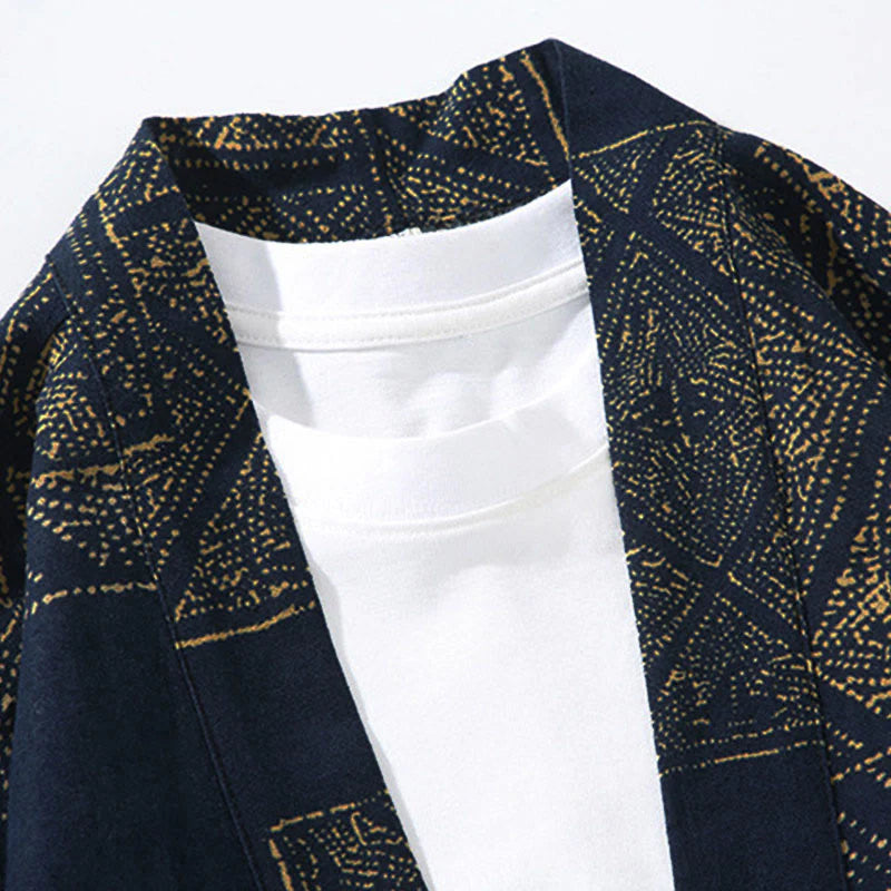 Buddha Stones Geometry Floral Stripes Butterfly Ink Open Front Half Sleeve Jacket Cotton Men's Kimono