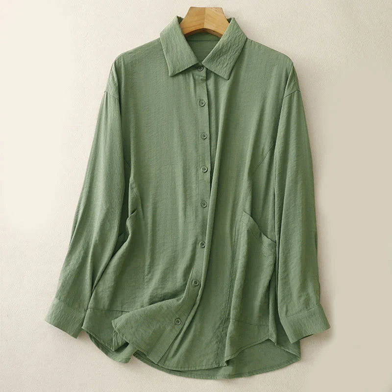 Buddha Stones Spring Fall Stand Collar Plain Long Sleeve Women's Cotton Polyester Shirt