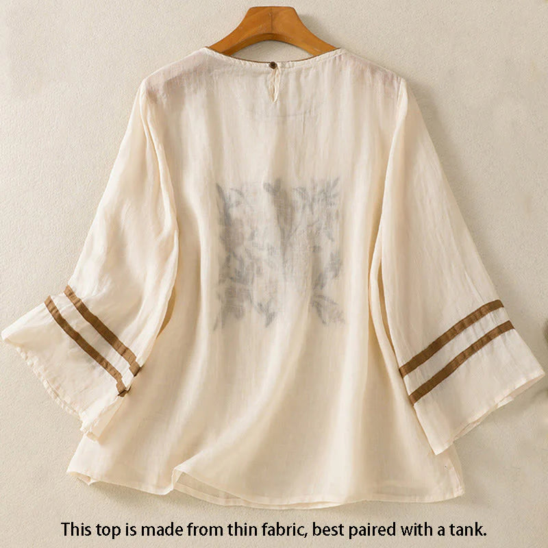 Buddha Stones Retro Embroidery Floral Three Quarter Sleeve Women's Cotton T-Shirt