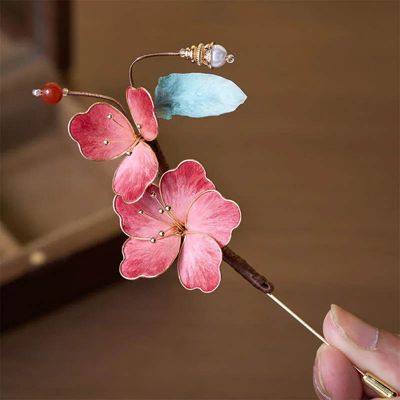 Buddha Stones Handcrafted Silk Art Velvet Flower Red Flower Brooch