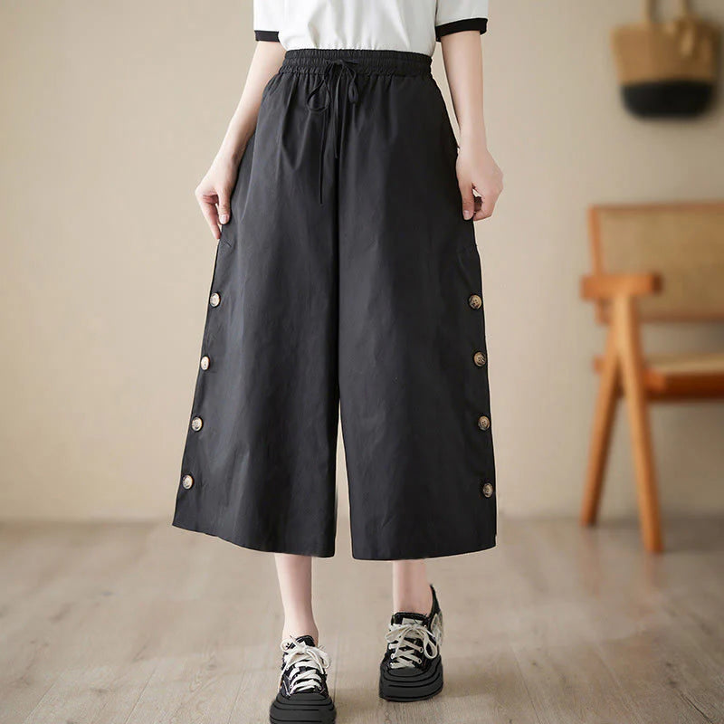 Buddha Stones Plain Buttoned Side Design Capri Cropped Women's Wide Leg Pants With Pockets