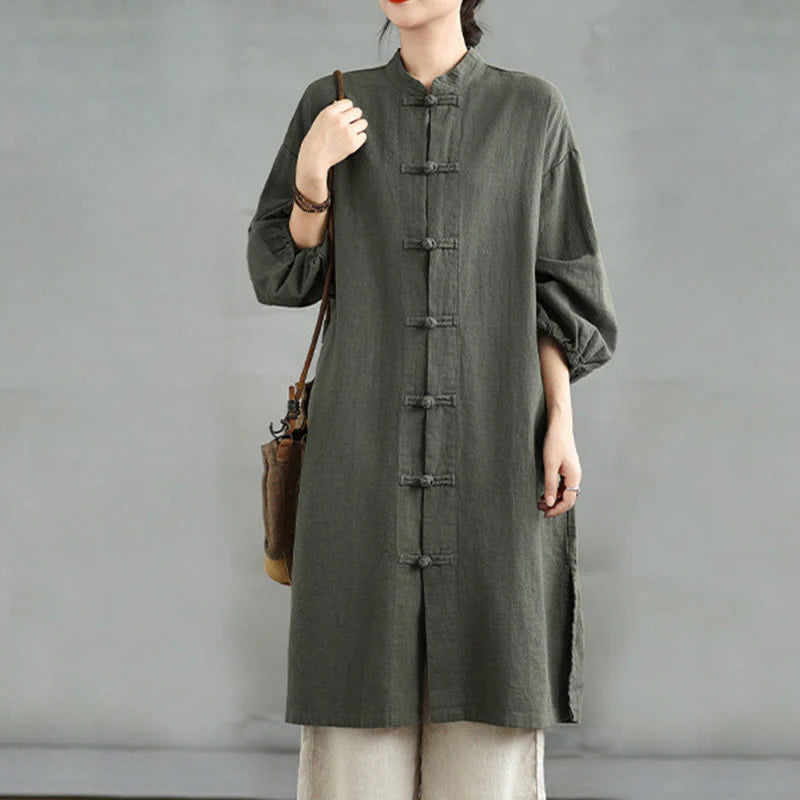Buddha Stones Casual Frog-button Women's Cotton Linen Coat With Pockets