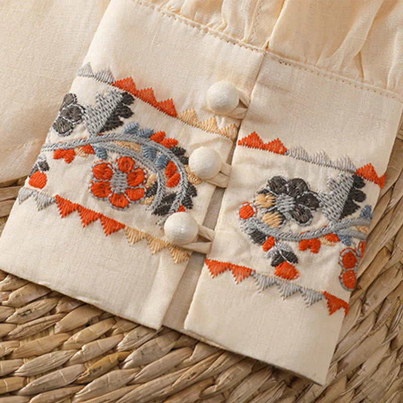 Buddha Stones Vintage Embroidery Single Row Multi-Button Placket Design Women's Cotton Linen Long Lantern Sleeve Shirt