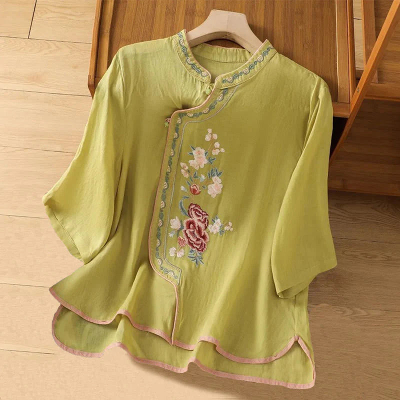 Buddha Stones Casual Ethnic Style Embroidery Flower Pattern Frog-Button Stand Collar Women's Cotton Linen Shirt