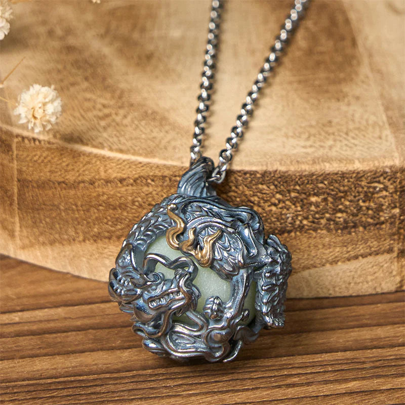 Buddha Stones Copper Dragon Surrounding Bead Strength Pendant Necklace