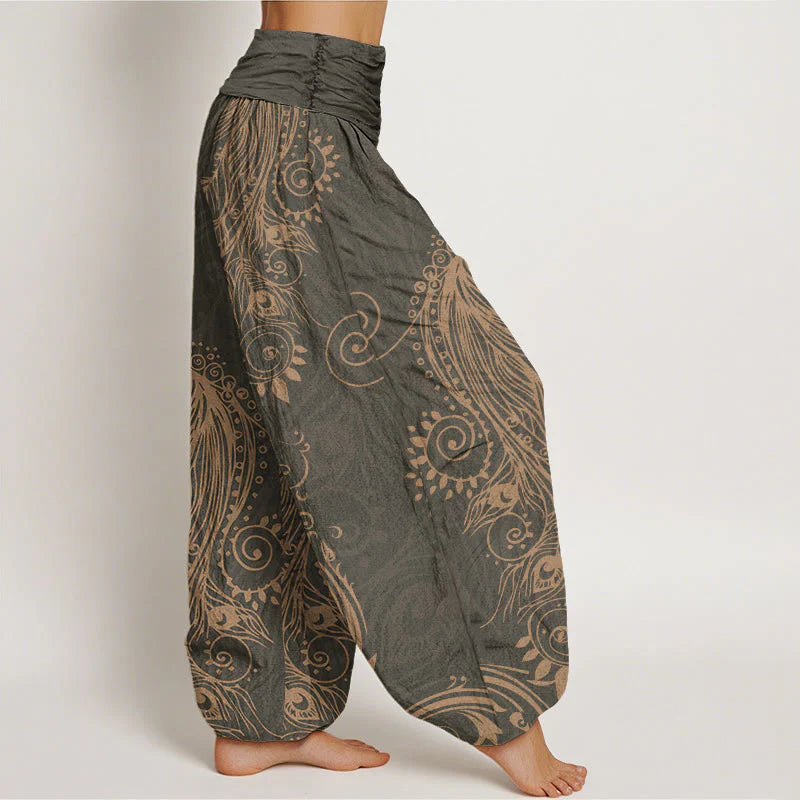 Buddha Stones Cotton Casual Peacock Design Women's Elastic Waist Harem Pants