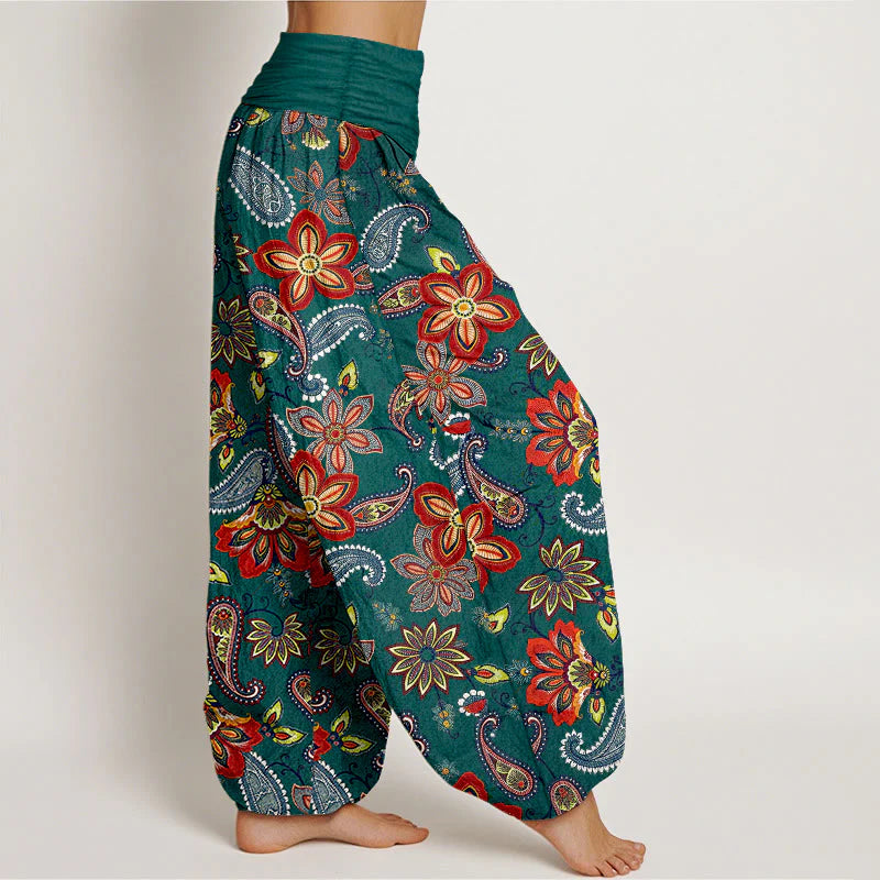 Buddha Stones Women's Elastic Waist Paisley Floral Pattern Pure Cotton Harem Pants