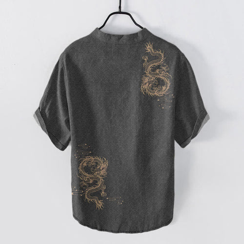Buddha Stones Cotton Dragon Men's Short Sleeve Half Button Shirt