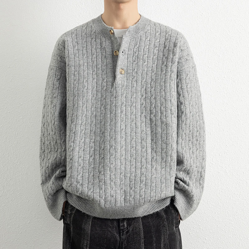 Buddha Stones Winter Crew Neck Three Buttons Twisted Design Warm Men's Long Sleeve Knitted Sweater