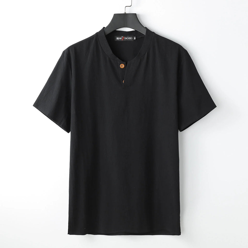 Buddha Stones Loose Men's T-shirt Solid Color Top Short Sleeve Button Notched Neck Soft Shirt