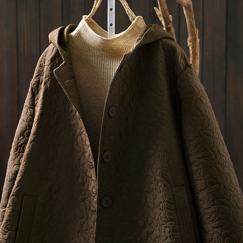 Buddha Stones Fall Buttons Long Sleeve Mid-length Jacquard Cotton Women's Jacket With Pockets