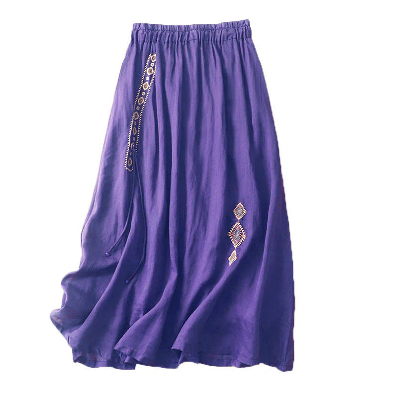 Buddha Stones Ethnic Vintage Embroidery Button Design Women's Cotton Linen 7-8 Length Skirt