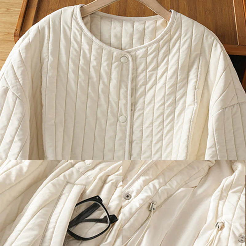 Buddha Stones Women's Plain Crew Neck Drawstring Design Long Sleeve Cotton Jacket With Pocket