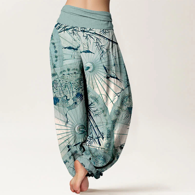 Buddha Stones Pure Cotton Umbrella Crane Bamboo Pattern Women's Elastic Waist Harem Pants