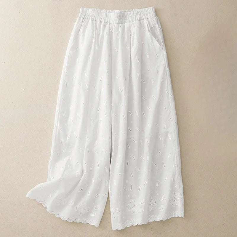Buddha Stones Summer Vintage Embroidery Lace Hem Patchwork Design Women's Wide Leg Cotton Pants With Pockets