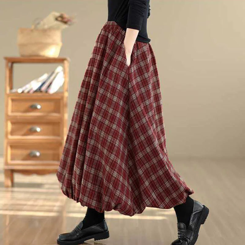 Buddha Stones Women's Plaid Pattern Cotton Skirt With Pockets