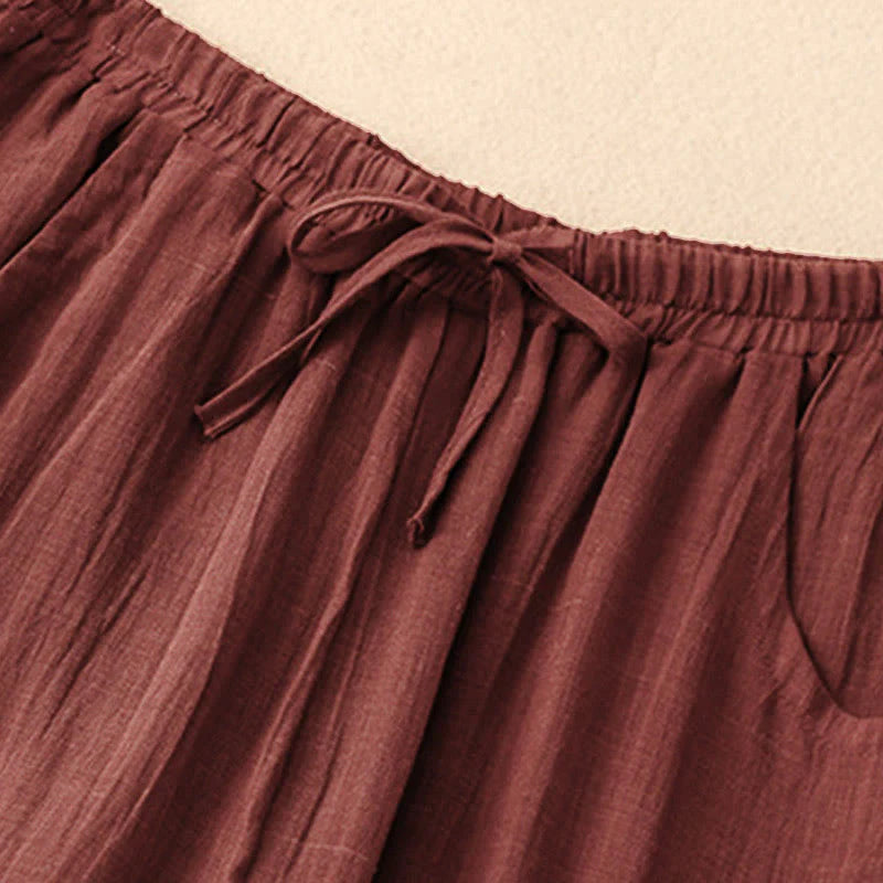 Buddha Stones Spring Pure Color Drawstring Double Layer Women's Wide Leg Pants With Pockets
