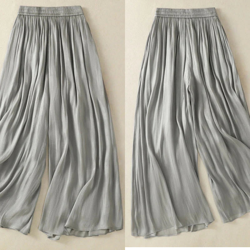 Buddha Stones Light Gray Pleated Design Elastic Waist Women's Wide Leg Pants With Pockets