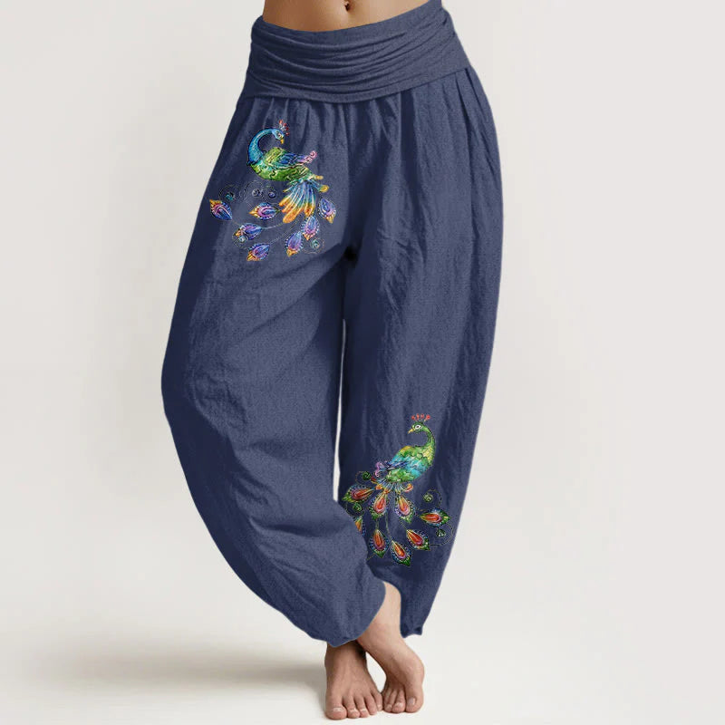 Buddha Stones Cotton Colorful Peacock Pattern Women's Elastic Waist Harem Pants