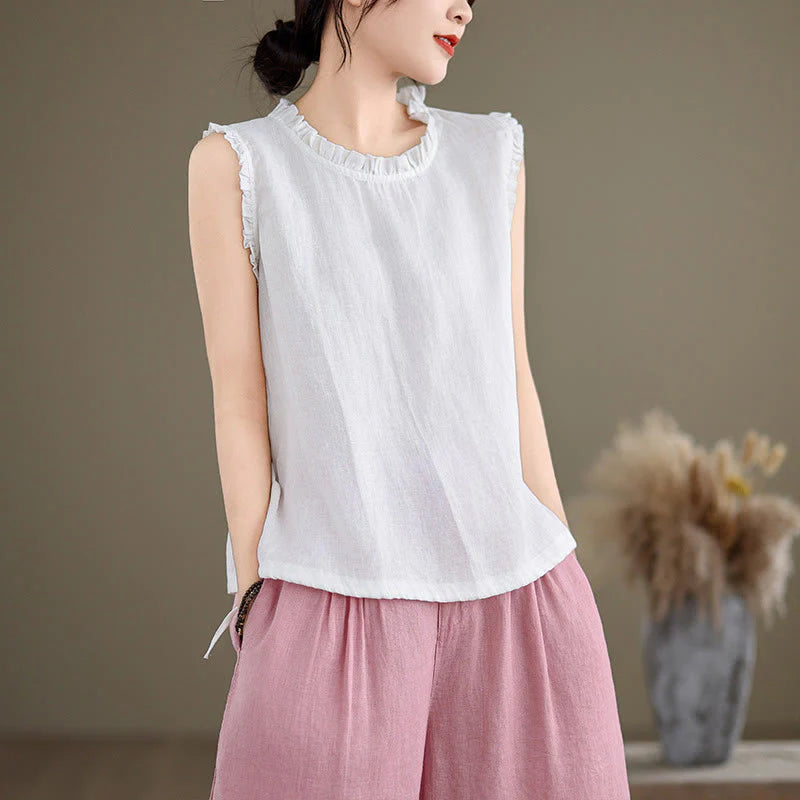 Buddha Stones Summer Ruffled Design Drawstring Crew Neck Cotton Linen Women's Sleeveless Vest