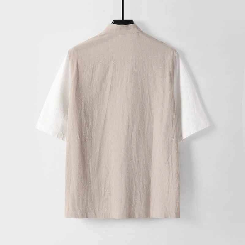 Buddha Stones Summer 2 In 1 Stripes Stand Collar Short Sleeve Frog-Button Men's Cotton Shirt
