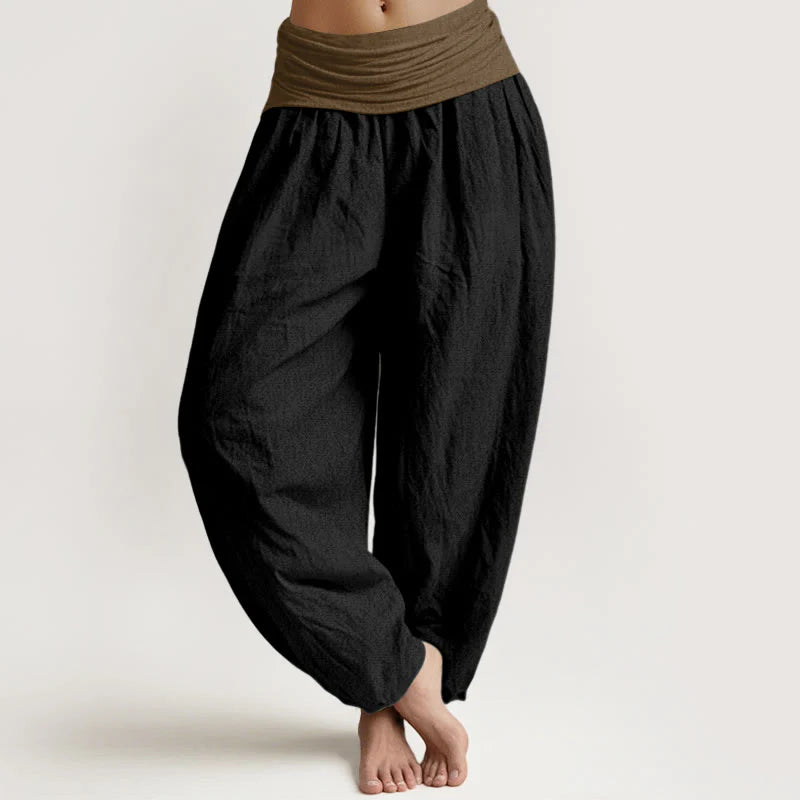 Buddha Stones Cotton Black Green Tan Solid Color Women's Elastic Waist Harem Pants