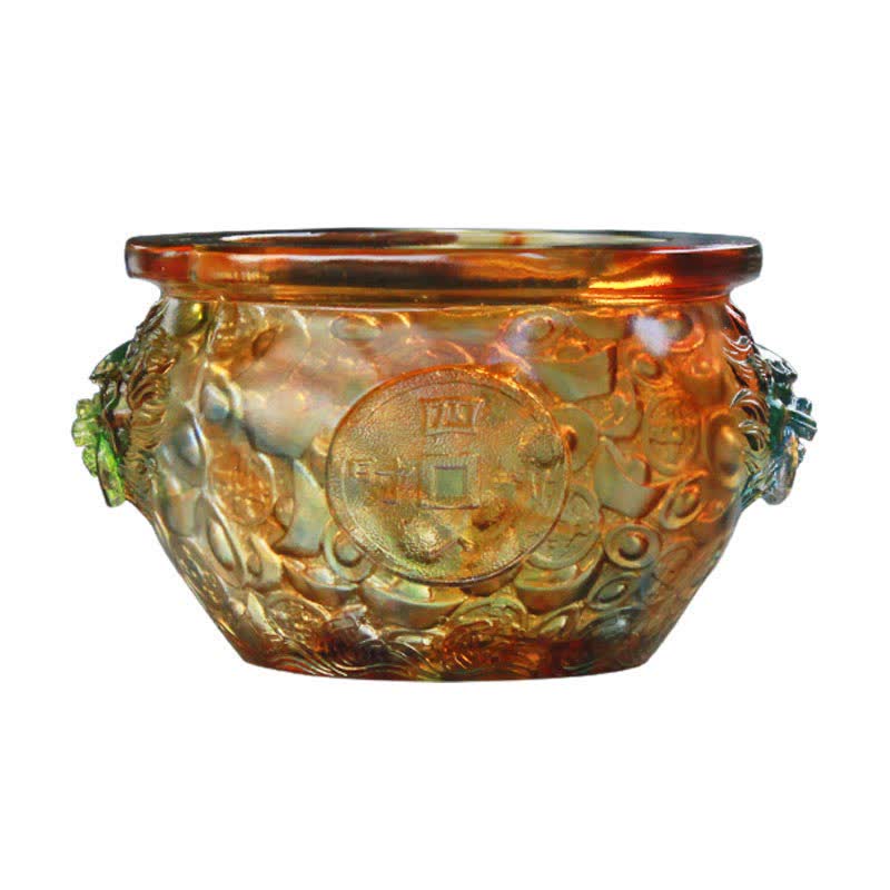 Buddha Stones Handmade Liuli Crystal Treasure Bowl Art Piece Home Decoration