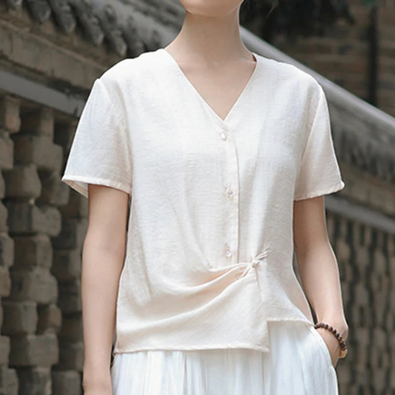Buddha Stones Button Irregular Design V-Neck Cotton Linen Women's Short Sleeve Shirt