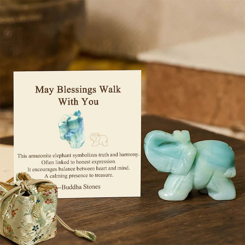 Buddha Stones ''May Blessings Walk With You'' Natural Small Elephant Amazonite Amethyst Jade Black Obsidian Stone Decoration Includes Gift Message Card