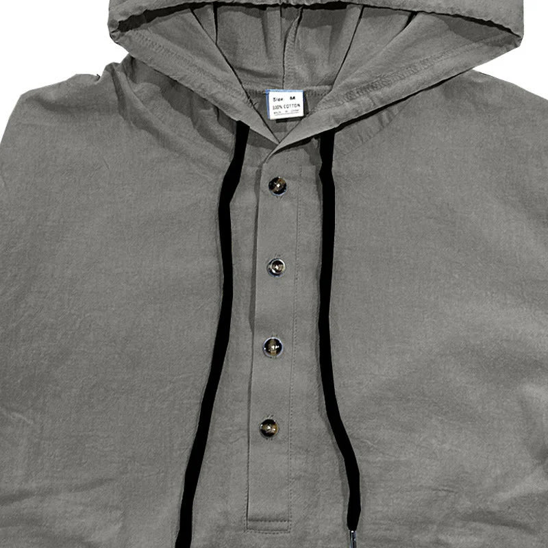 Buddha Stones Solid Color Fall Half Buttons Men's Hooded Long Sleeve Cotton Shirt