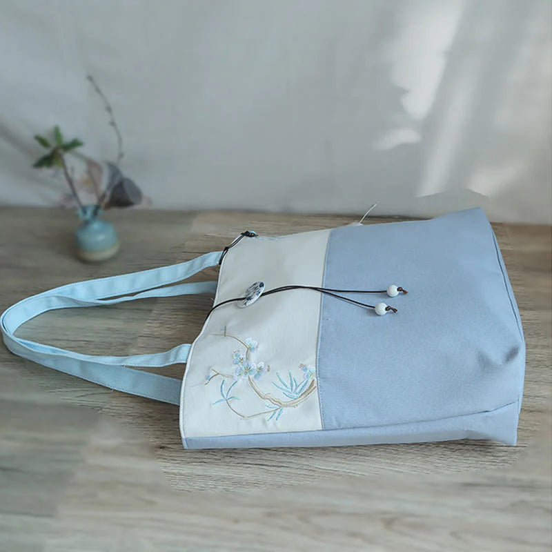 Buddha Stones Pear Flower Plum Peach Blossom Bamboo Embroidery Canvas Large Capacity Shoulder Bag Tote Bag