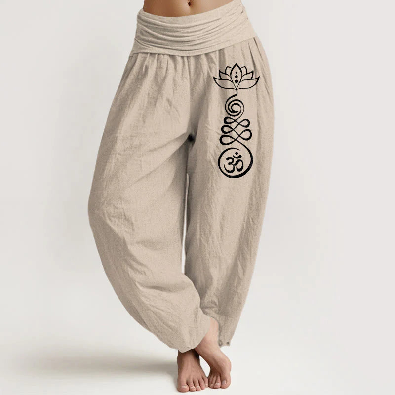 Buddha Stones Plain Lotus Om Pattern Women's Elastic Waist Harem Cotton Pants