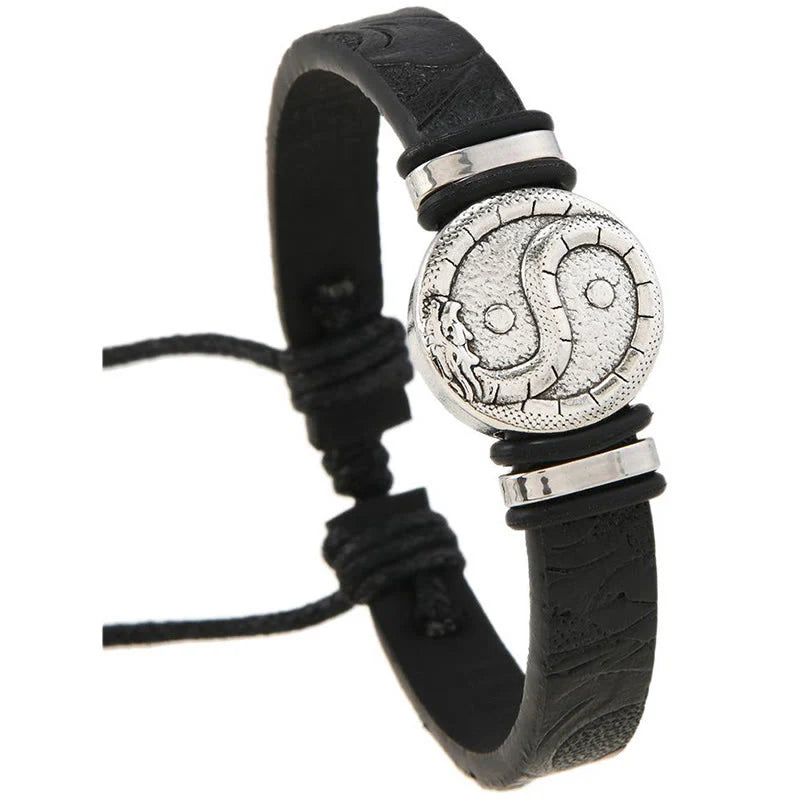 Buddha Stones Round Engraved YIN YANG Dragon Leather Balance Bracelet