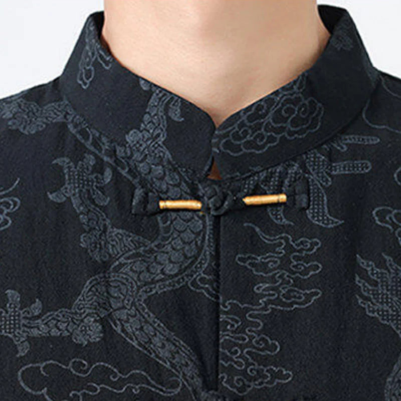 Buddha Stones Summer Dragon Auspicious Clouds Pattern Tang Suit Men's Frog-Button Half Sleeve Cotton Shirt
