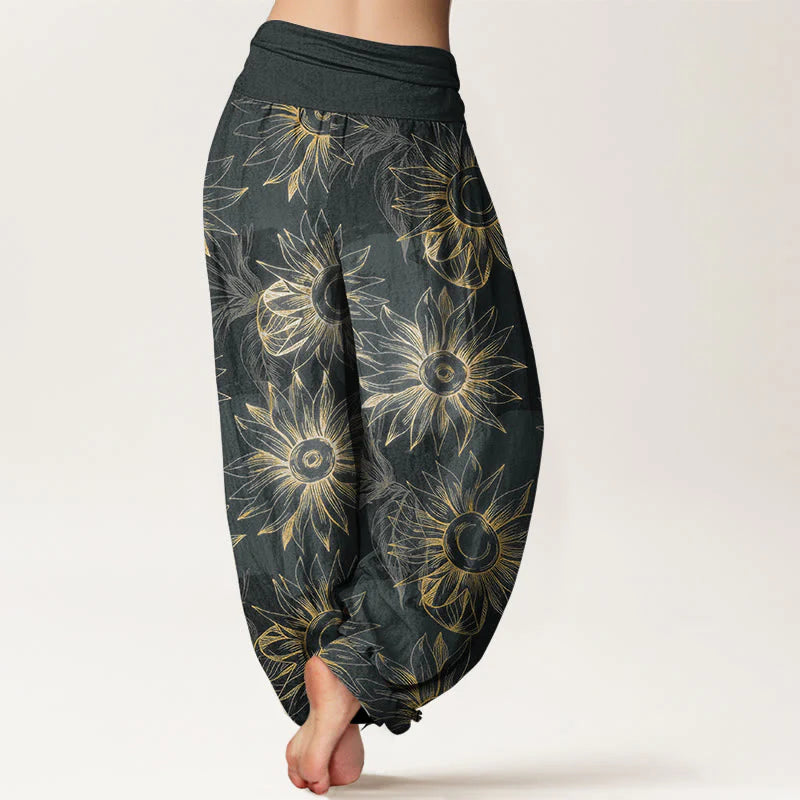 Buddha Stones Cotton Retro Print Flower Pattern Women's Elastic Waist Harem Pants