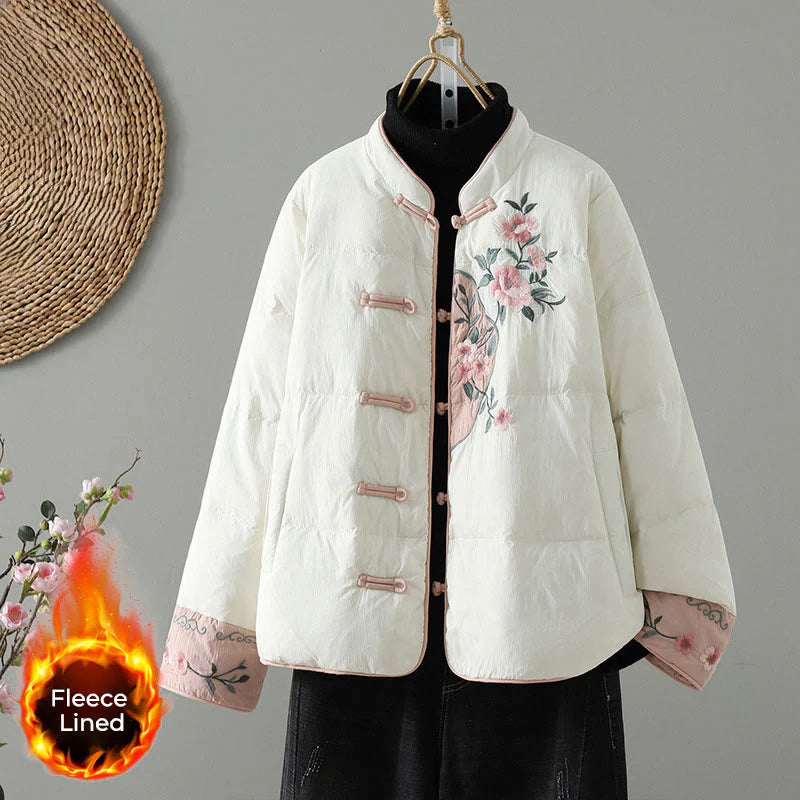 Buddha Stones Peach Blossom Embroidery Frog-Button Long Sleeve Thermal Women's Jacket With Pockets