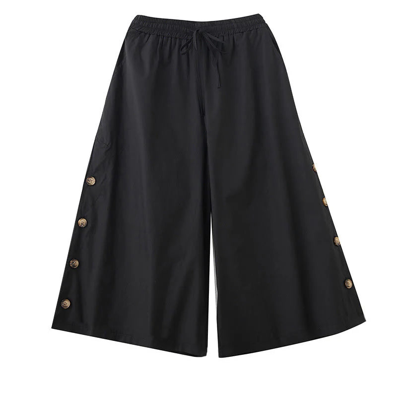 Buddha Stones Plain Buttoned Side Design Capri Cropped Women's Wide Leg Pants With Pockets