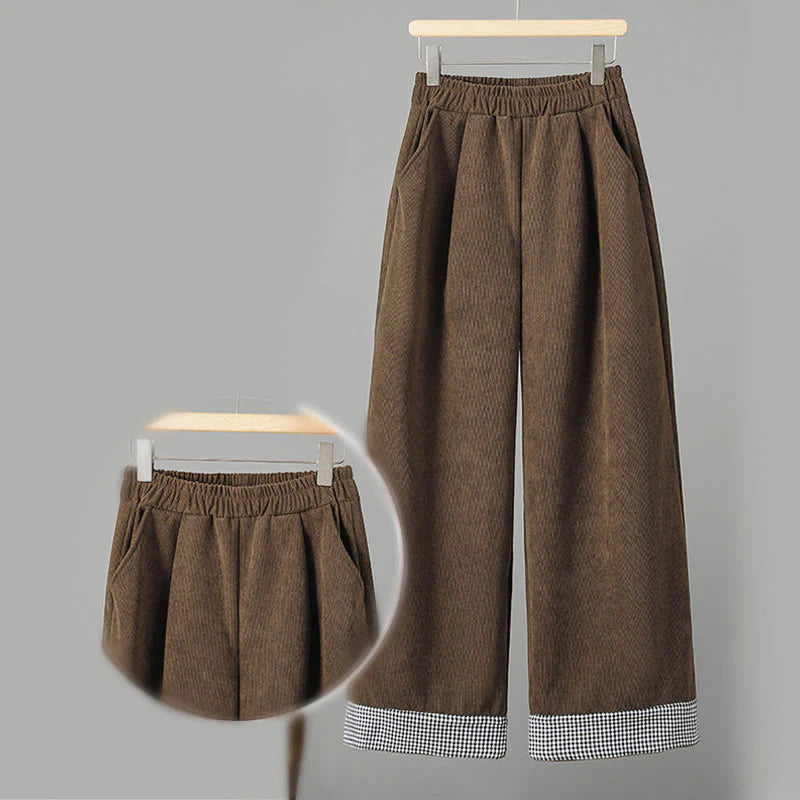 Buddha Stones Plain Elastic Waist Patchwork Plaid Women's Ankle-Length Wide Leg Corduroy Pants